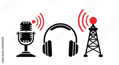 Podcast studio equipment microphone headphones and radio tower editable vector