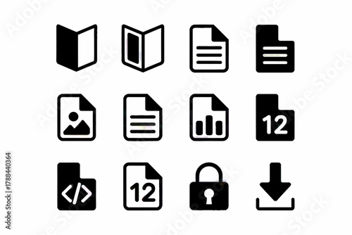 Diverse set of document and file icons representing various functionalities and file types for digital design and user interfaces