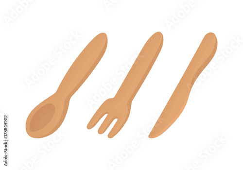 Wooden spoon, fork, and knife set. Kitchen utensils. Table setting elements. Environmentally friendly concept.