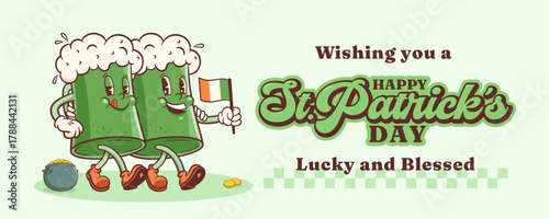 Saint Patrick Day Groovy Beer Tankards Retro Characters Banner. Cartoon Green Ale Mug with Shamrock Clover Trefoil. Vector Irish Spring Holiday Mascot Template. Happy Vintage Illustration. Isolated