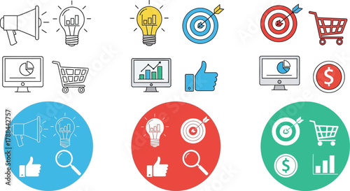 Set of flat icons representing business concepts like marketing, analytics, and sales.
