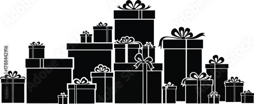A festive collection of black gift boxes with ribbons, symbolizing celebration and generosity