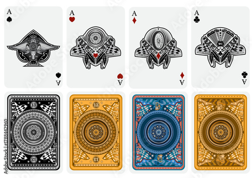 Best set from four card aces with different faces and backs in motorcycle style
