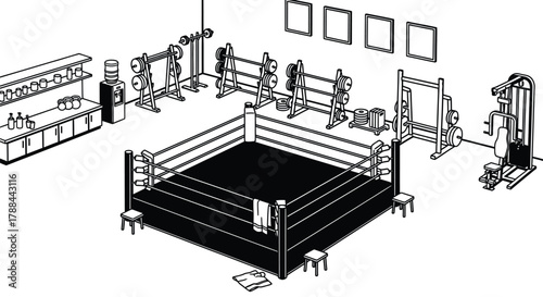 Gym interior with boxing ring and weight training equipment editable vector
