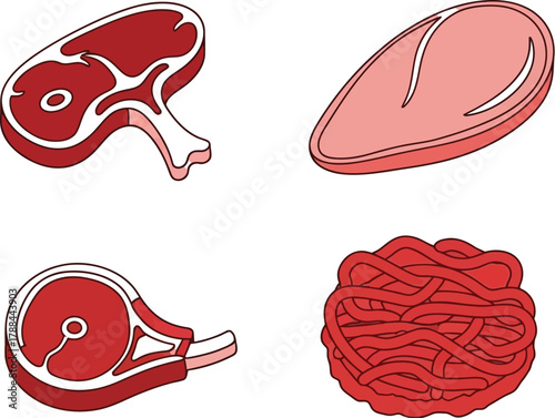 A collection of raw meat cuts, including steak and ground beef, illustrated in a clean, modern style.