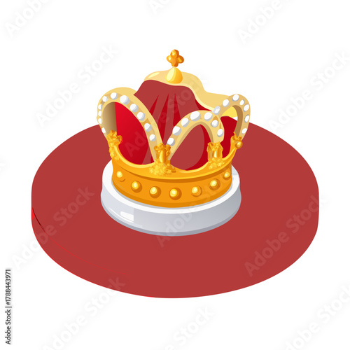 Golden royal crown on red cushion in flat style
