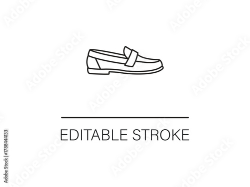 Modern line art icon of a classic loafer shoe with editable stroke for custom design and stylish fashion projects, simple and elegant.