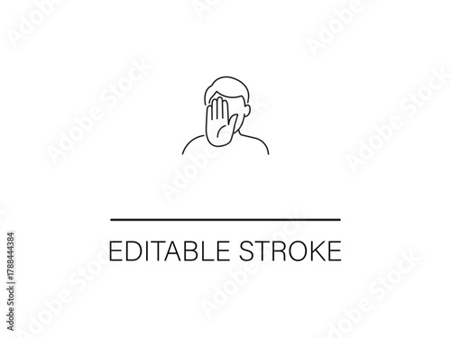 Minimalist line art drawing of a person covering their face as a concept for shame, disbelief, or disappointment in a simple editable stroke style.