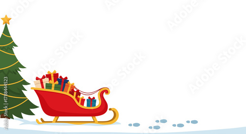 Colorful sleigh filled with gifts next to a decorated Christmas tree on a snowy background with copy space