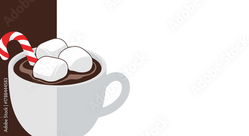 Delicious cup of hot chocolate topped with marshmallows and a candy cane on a cozy winter background with copy space