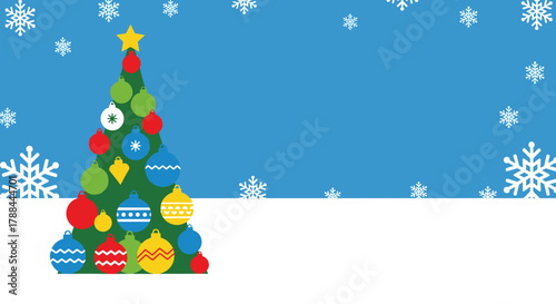 Colorful Christmas tree decorated with ornaments and snowflakes on a blue background