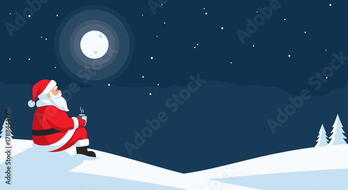 Peaceful Santa Claus holding a cup of hot chocolate while sitting in the snow under the moonlight