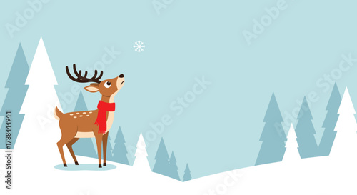 Curious reindeer looking up at a snowflake in a winter landscape with copy space