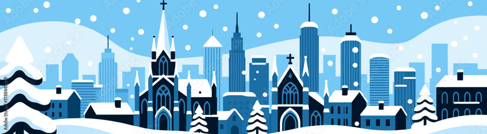 Obraz premium Winter city skyline with snow-covered buildings and trees 