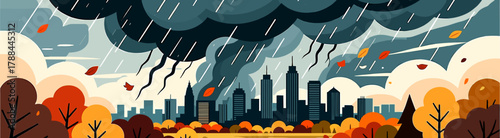 Urban skyline under dark storm clouds with autumn leaves falling  