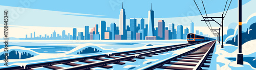 Winter landscape with train on tracks and city skyline in background  
