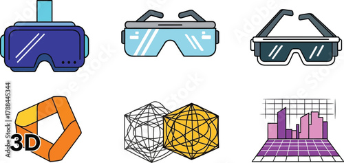 Collection of virtual reality and 3D graphics icons, showcasing immersive technology and digital design.