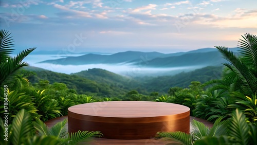 Empty wooden podium surrounded by lush tropical foliage with misty mountains