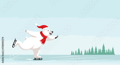 Cheerful polar bear ice skating with a red hat and scarf on a snowy background with copy space