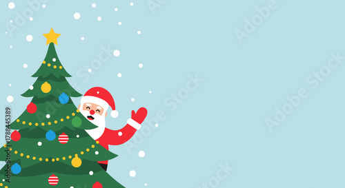 Cheerful Santa Claus waving next to a decorated Christmas tree with copy space on a light background