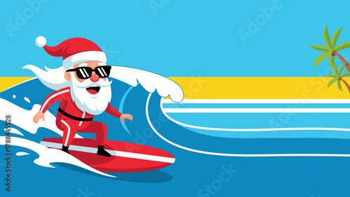 Cool Santa Claus surfing on a wave in sunglasses with copy space on a sunny beach background