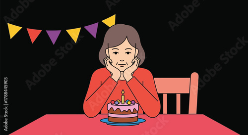 Lonely birthday sad woman birthday cake party celebration alone editable vector