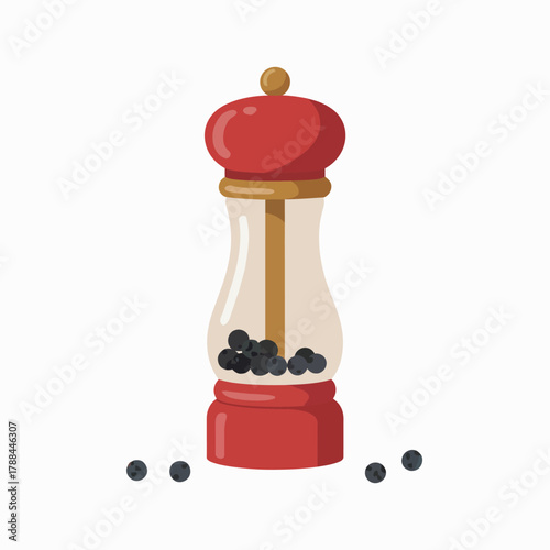 Red pepper grinder with black peppercorns isolated on white background food seasoning ingredient kitchen utensil illustration minimal vector graphic
