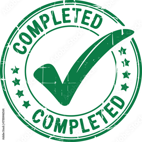 Green Completed Stamp with Checkmark and Stars for Approval and Success