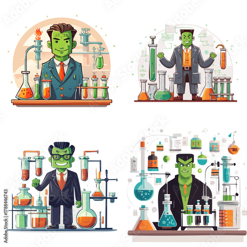 Retro Mad Scientist Monster Lab Cartoon Set, Halloween Science Experiment Vector Pack