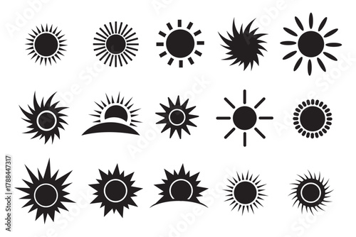 Set of sun icon. Sun icons vector isolated on white background. Vector flat design. Collection of sun stars for use in as logo or weather icon. sunset collection, summer, sunlight stock vector..