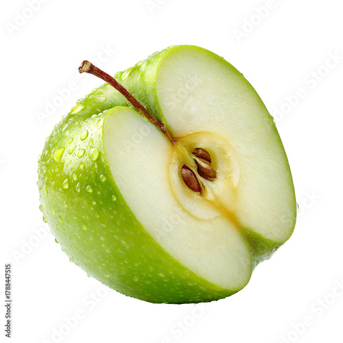 Fresh green apple cut in half showing seeds and texture