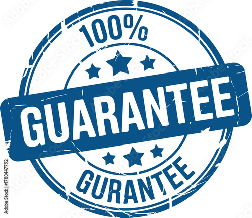 One hundred percent guarantee blue grunge seal perfect for assurance quality