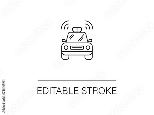 Sleek police car icon with editable stroke offers customizable design for safety campaigns and emergency service projects, crime prevention.