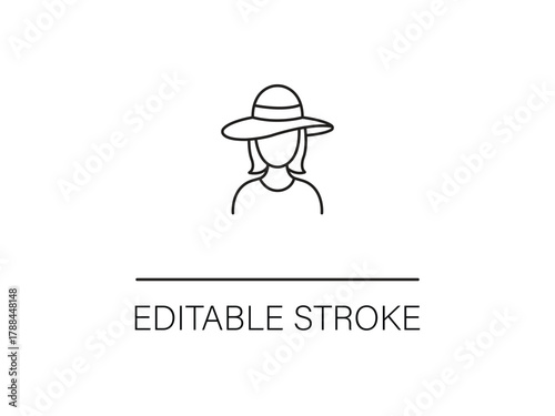 Elegant woman with sunhat line icon for summer fashion or travel designs, editable stroke for creative flexibility in branding.