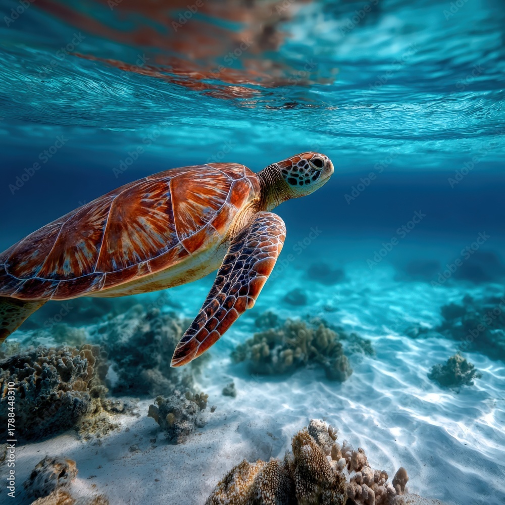 Fototapeta premium Exotic turtle glides through clear waters over vibrant coral reef
