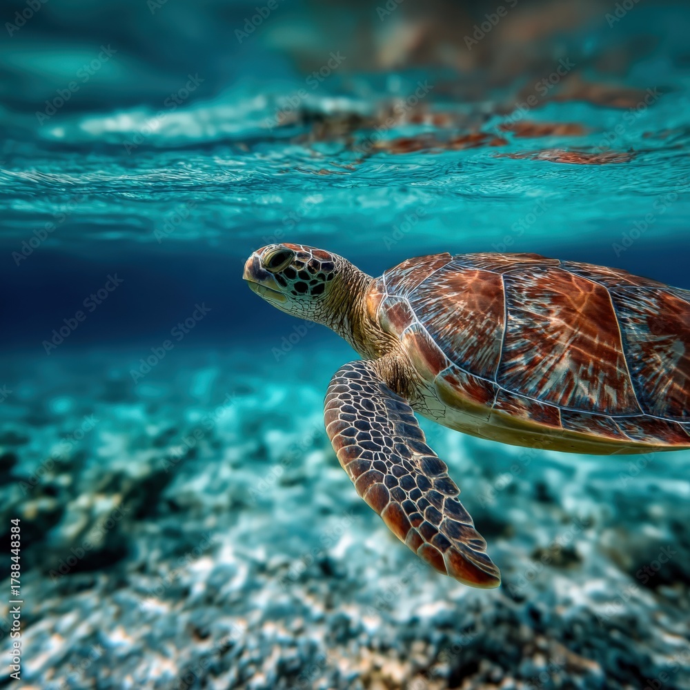 Fototapeta premium Exotic turtle swims gracefully through clear blue waters of a vibrant coral reef