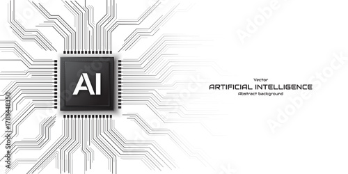 Concept of artificial intelligence. AI chip processor with a circuit line on a futuristic technology background. Central Computer Processors CPU. Motherboard digital chip. Vector illustration.