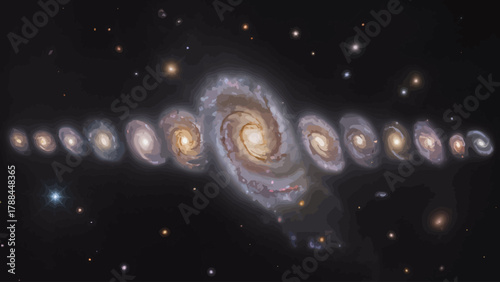 Spectacular Galaxy Evolution Sequence with Spiral Arms and Star Formation in Deep Space Cosmology Concept