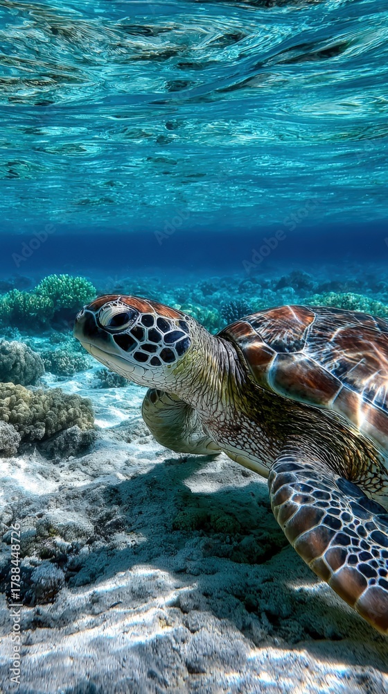 Fototapeta premium Exotic turtle swimming gracefully in clear blue waters under sunlight