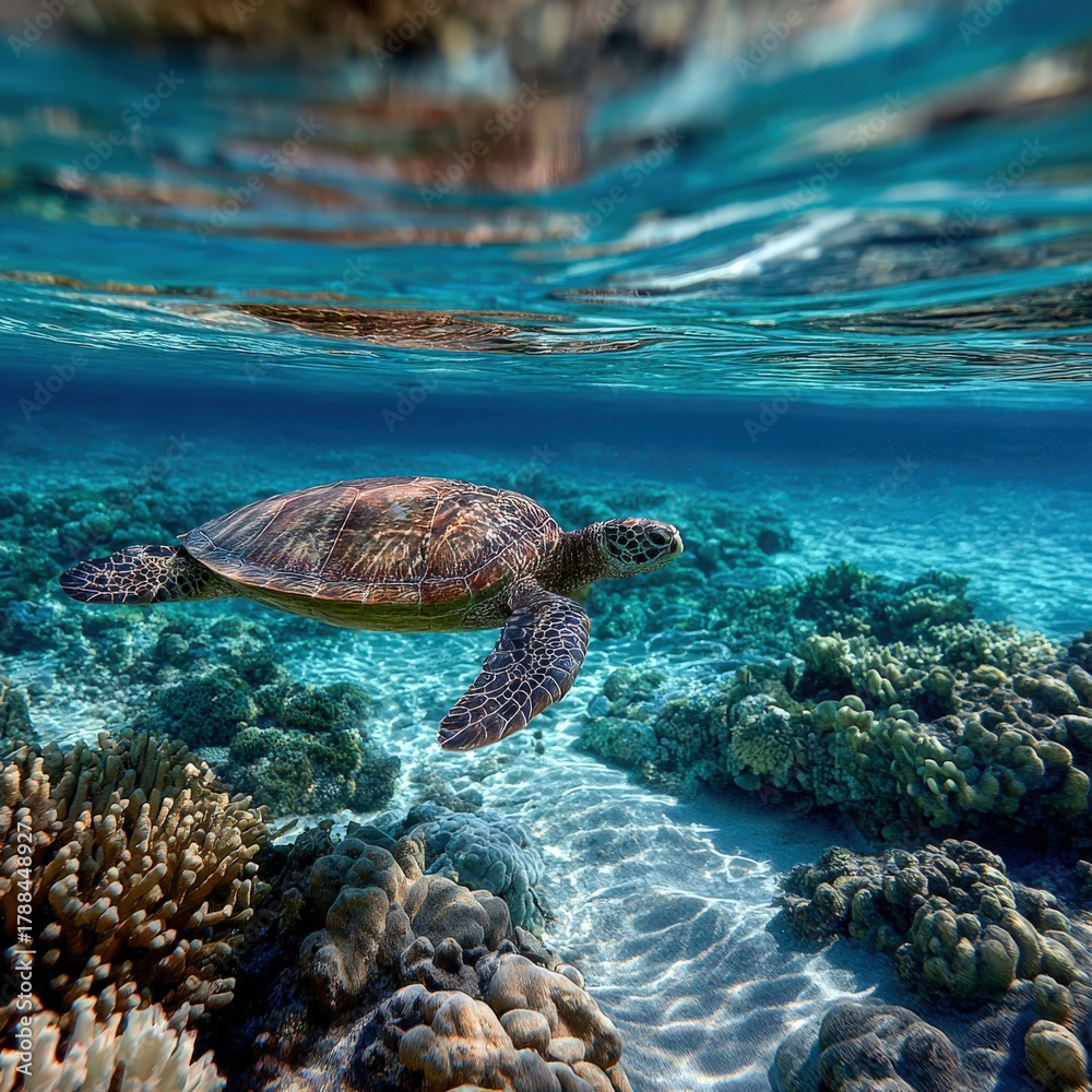 Obraz premium Turtle gliding gracefully through clear tropical waters near vibrant coral reefs