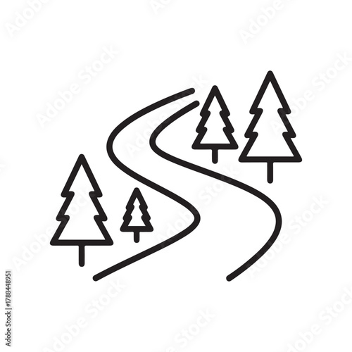 Stylized illustration of a winding road through a forest with pine trees, isolated on a