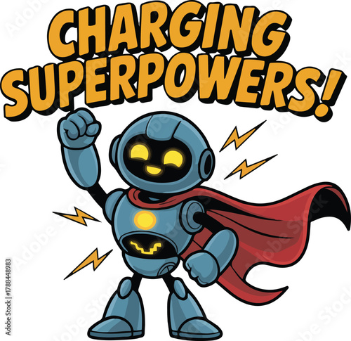 Charging superpowers vector design with robot superhero in blue and red cape and yellow electrical charging bolts on transparent background