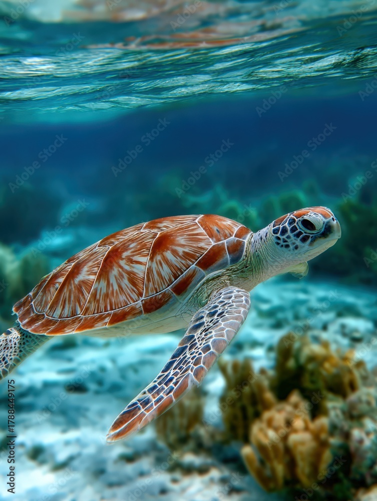 Obraz premium Exotic turtle swimming in clear tropical waters during a sunny day