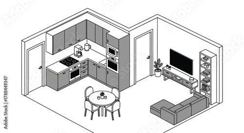 Isometric apartment floor plan design kitchen living room layout editable vector
