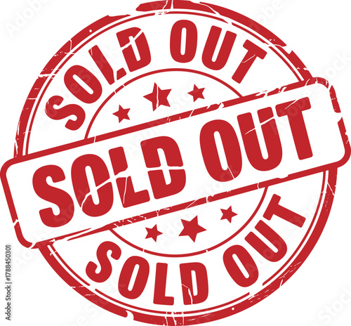 Red sold out stamp with stars on a white background