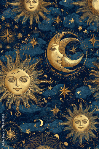 Celestial Dreams: Blue and Gold Sun & Moon Scrapbook Paper