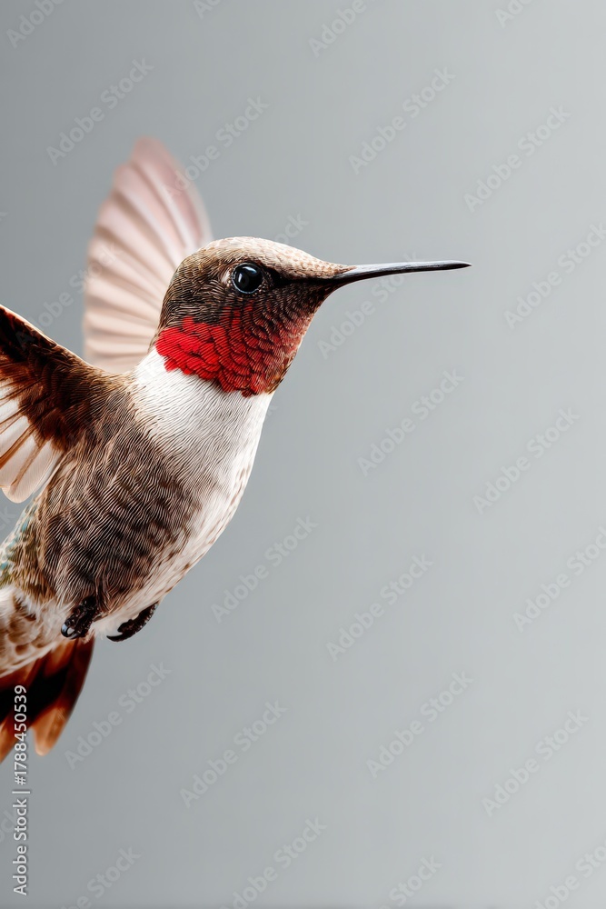 Naklejka premium Iridescent hummingbird in mid-flight displaying vibrant colors in natural light