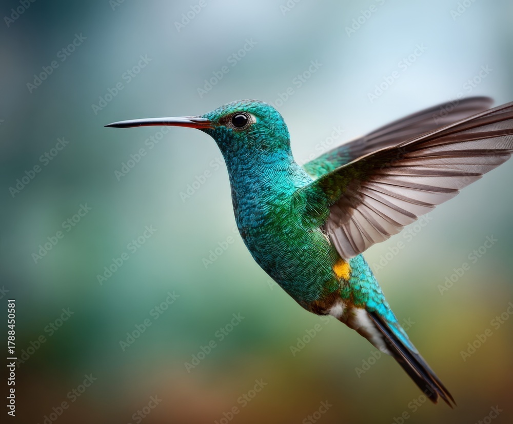 Naklejka premium Iridescent hummingbird hovering in a colorful forest during early morning light