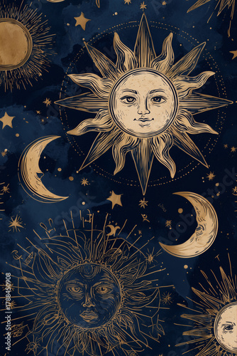 Celestial Dreams: Blue and Gold Sun & Moon Scrapbook Paper
