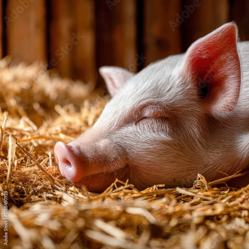 Fluffy baby pig rests peacefully on straw in warm barn setting